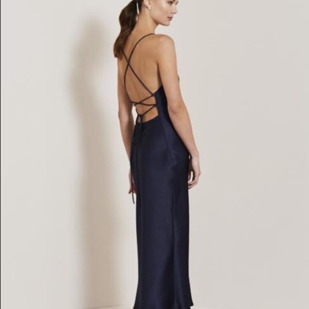 bec + bridge Navy Satin Strappy Midi Dress